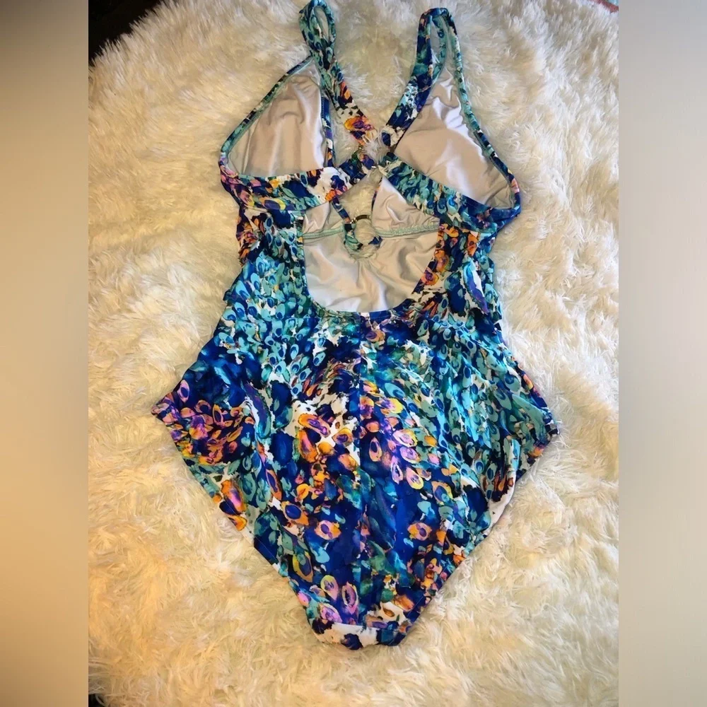 VENUS Blue and Orange One Piece Swimsuit with Plunging V-neckline